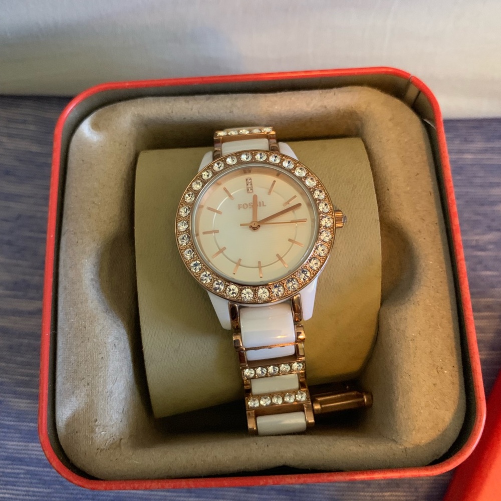 Fossil Jesse Ceramic White & Rose Tone Watch